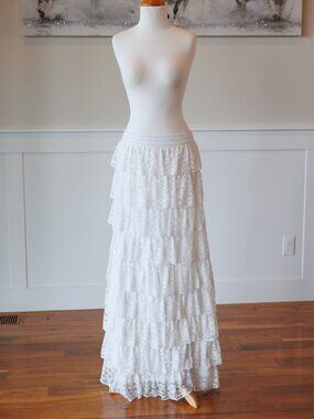 White Long tiered maxi skirt, bohemian fashion layered lace skirt, size s/m